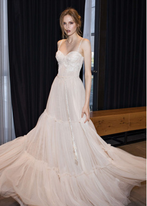 Beaded Blush Lace Spotted Tulle Wedding Dress